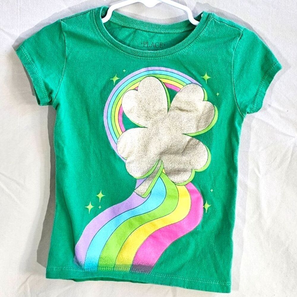 The Children's Place Girls Green Gold Glitter Shamrock Rainbow Tee XS 4